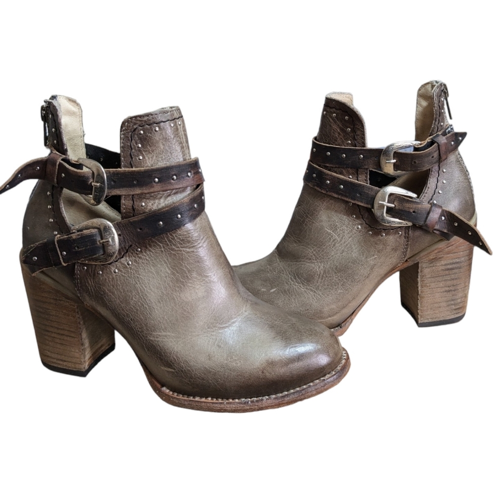 Freebird Lion Rainbow Booties 9 Taupe Brown Leather Strappy Studded Stack Heel - Picture 14 of 15